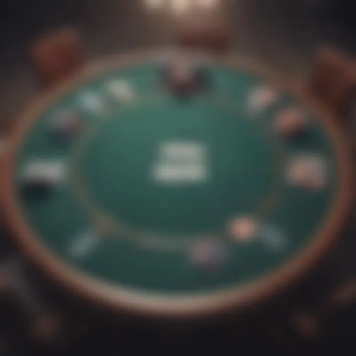 An overview of a poker table setup with cards and chips