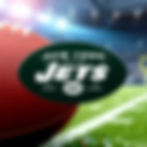 New York Jets logo with a football backdrop