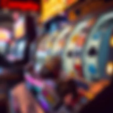 Close-up of a classic slot machine's lever and spinning reels in action.