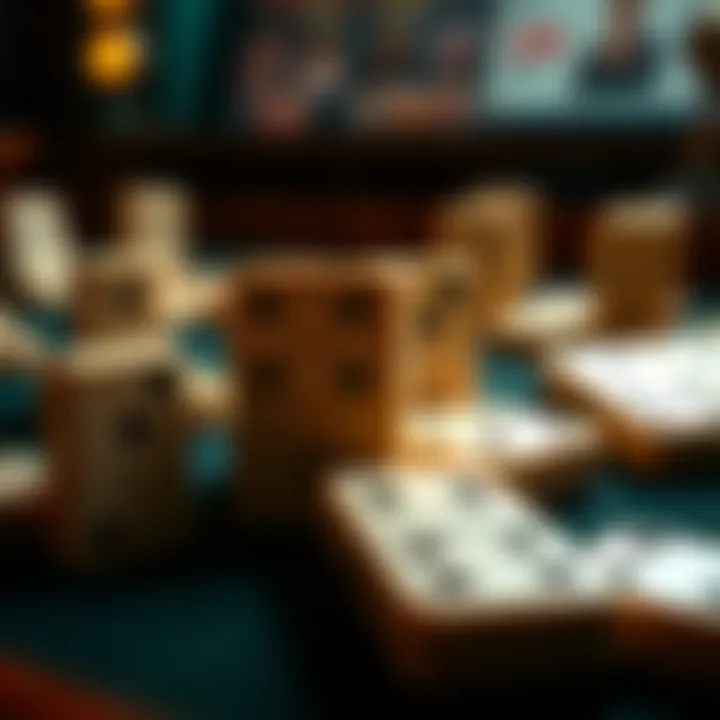 Close-up of domino tiles arranged strategically