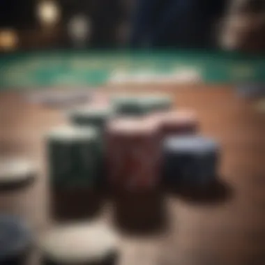 Close-up of poker chips and cards on a table