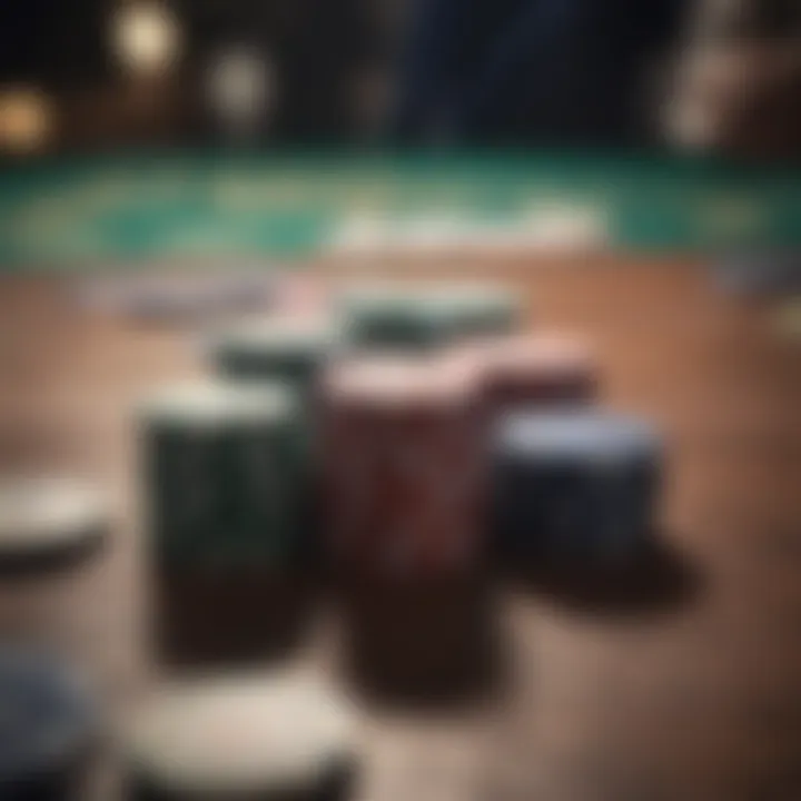 Close-up of poker chips and cards on a table