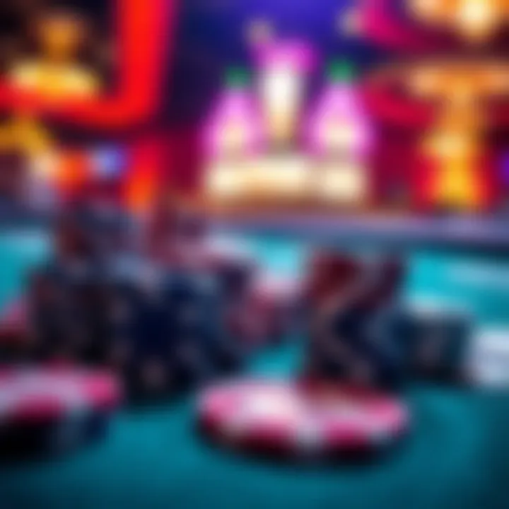 A detailed view of poker chips and cards on a tournament table