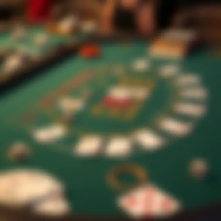 A detailed layout of a blackjack table showcasing betting areas and card placements