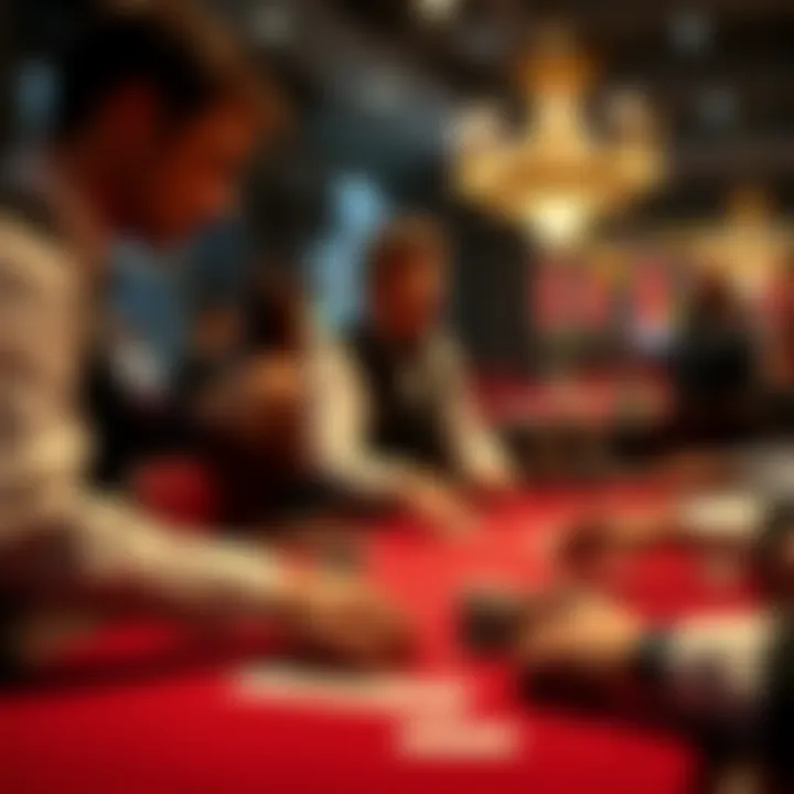 A close-up of a dealer interacting with players at a blackjack table