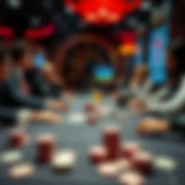 An elegant poker table with high-stakes chips and attentive players engaged in a game