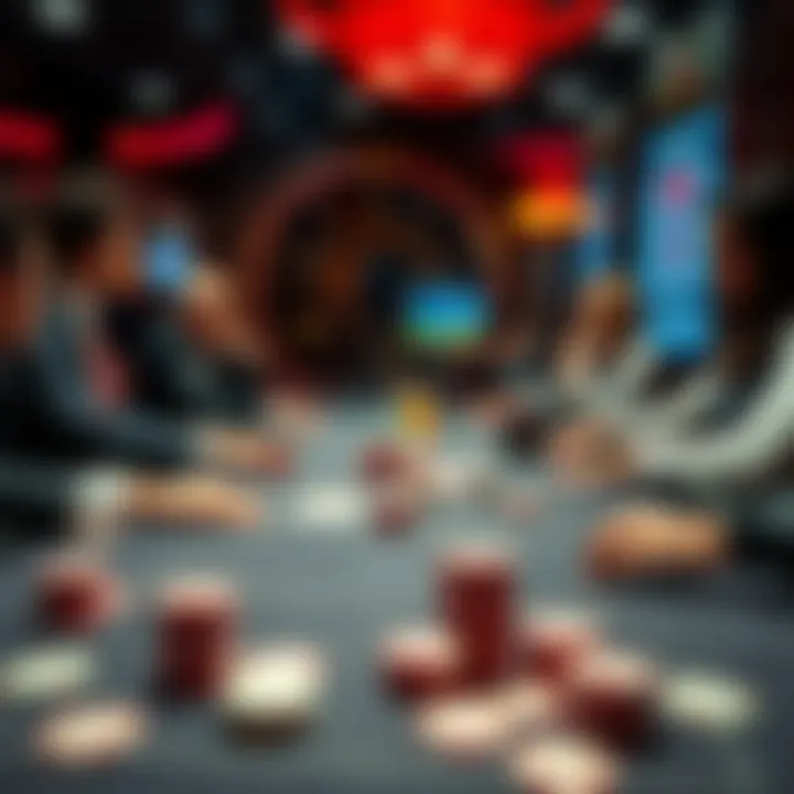 An elegant poker table with high-stakes chips and attentive players engaged in a game