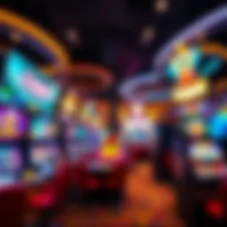 A captivating view of a virtual casino with various games displayed on screens.