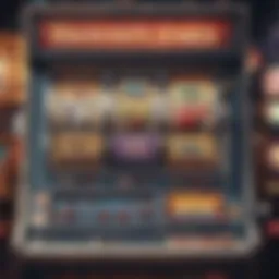 A vibrant slot machine display showing various game themes and icons