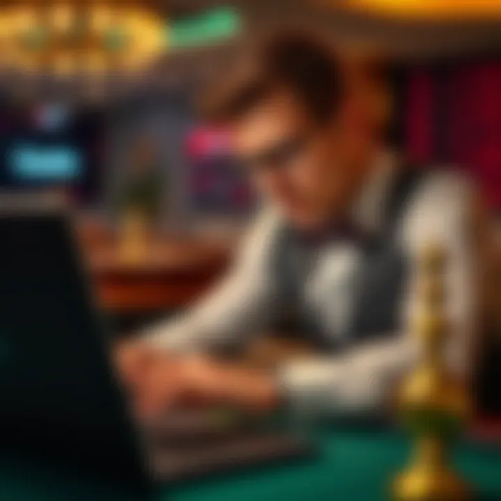 A focused player analyzing roulette strategies on a laptop