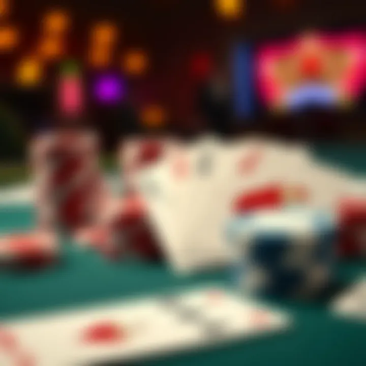 A close-up of poker chips and cards on a table