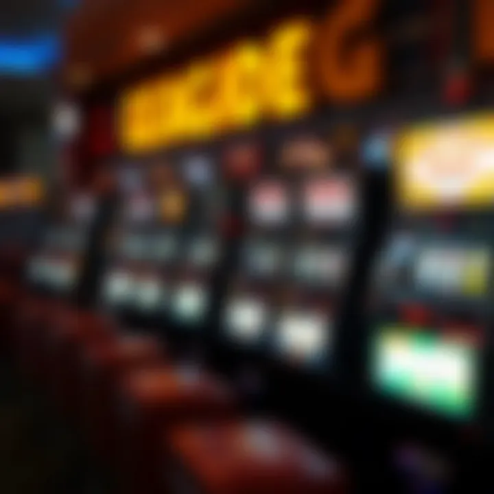 An array of old Vegas slot machines lined up in a casino setting