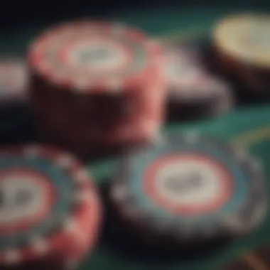 A close-up view of vintage Las Vegas casino chips showcasing intricate designs and colors.