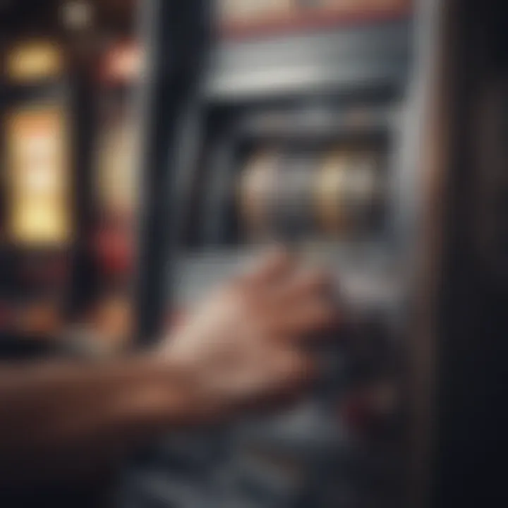 A close-up of a hand pulling the lever of a classic slot machine